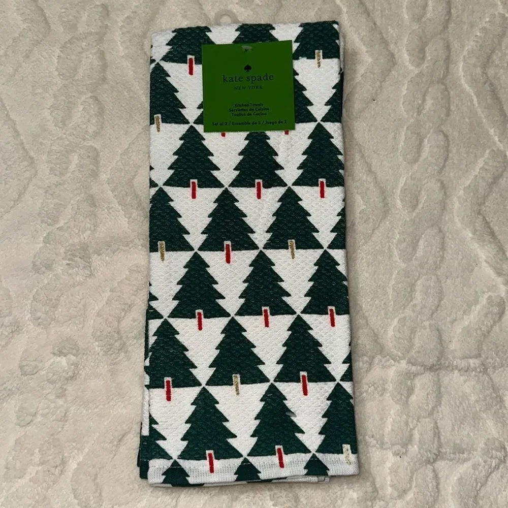 kate spade 2 Cotton White Green Red Gold Metallic Christmas Tree Kitchen Towels